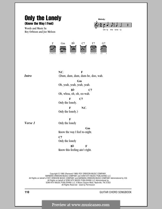 Only the Lonely (Know the Way I Feel): Lyrics and chords (with chord boxes) by Joe Melson