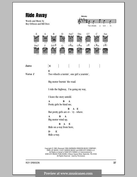 Ride Away: Lyrics and chords (with chord boxes) by Bill Dees