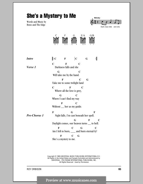 She's a Mystery to Me: Lyrics and chords (with chord boxes) by Bono, The Edge