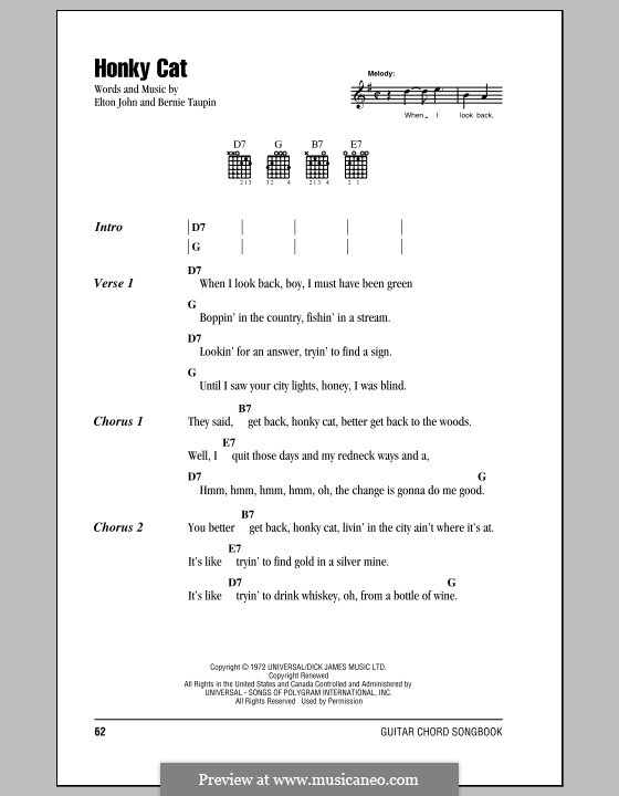 Honky Cat: Lyrics and chords (with chord boxes) by Elton John