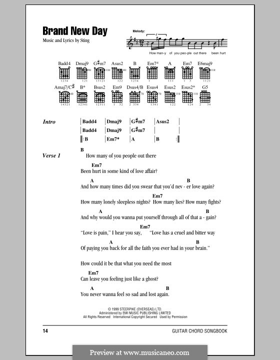 Brand New Day: Lyrics and chords (with chord boxes) by Sting