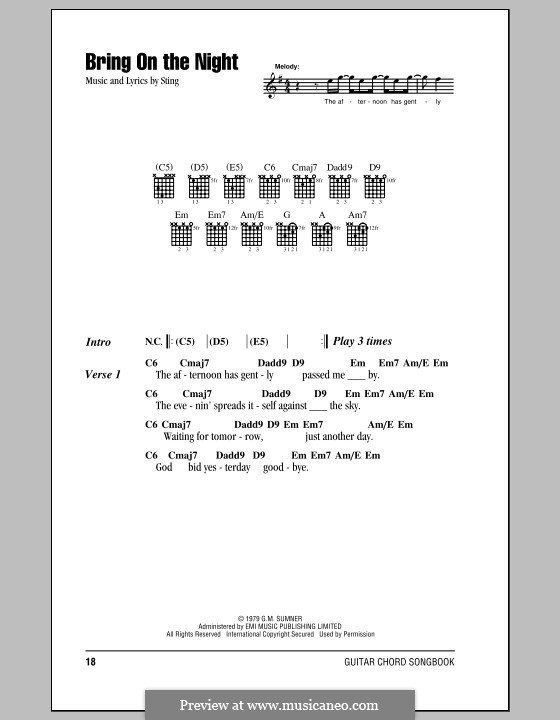 Bring on the Night (The Police) by Sting sheet music on MusicaNeo