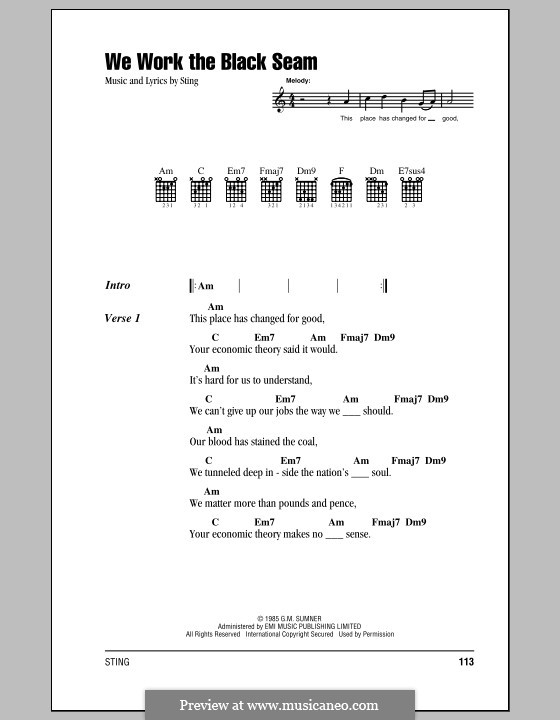 We Work the Black Seam: Lyrics and chords (with chord boxes) by Sting