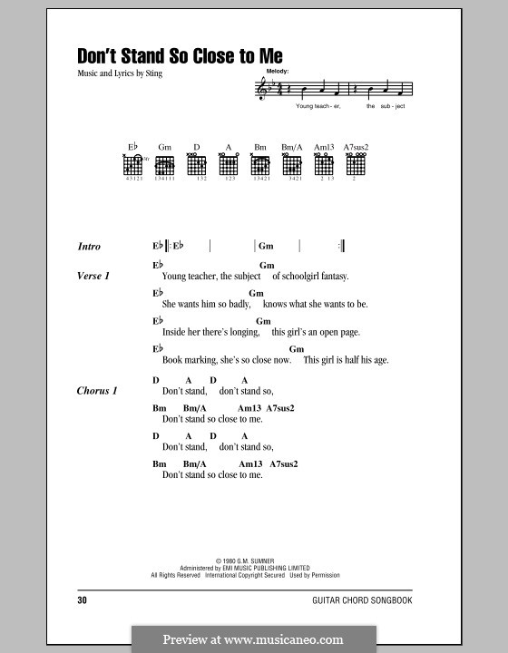 Don't Stand So Close to Me (The Police): Lyrics and chords (with chord boxes) by Sting