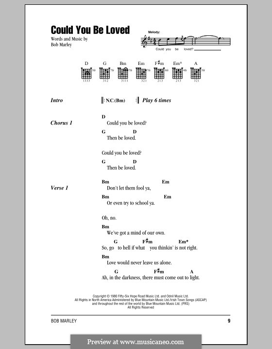 Could You Be Loved (Bob Marley and The Wailers): Lyrics and chords with chord boxes by Bob Marley