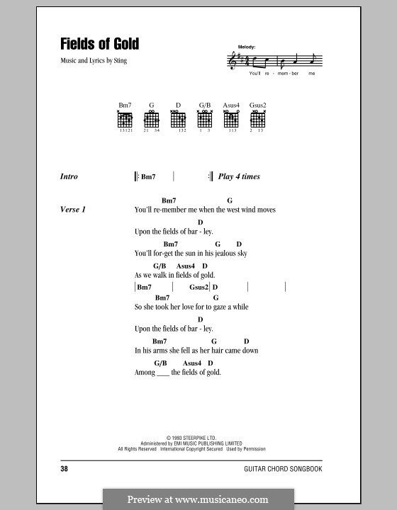 Fields of Gold: Lyrics and chords (with chord boxes) by Sting