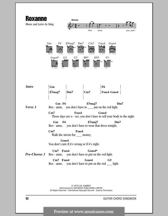 Roxanne (The Police): Lyrics and chords (with chord boxes) by Sting