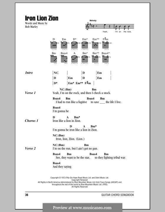 Iron Lion Zion: Lyrics and chords (with chord boxes) by Bob Marley
