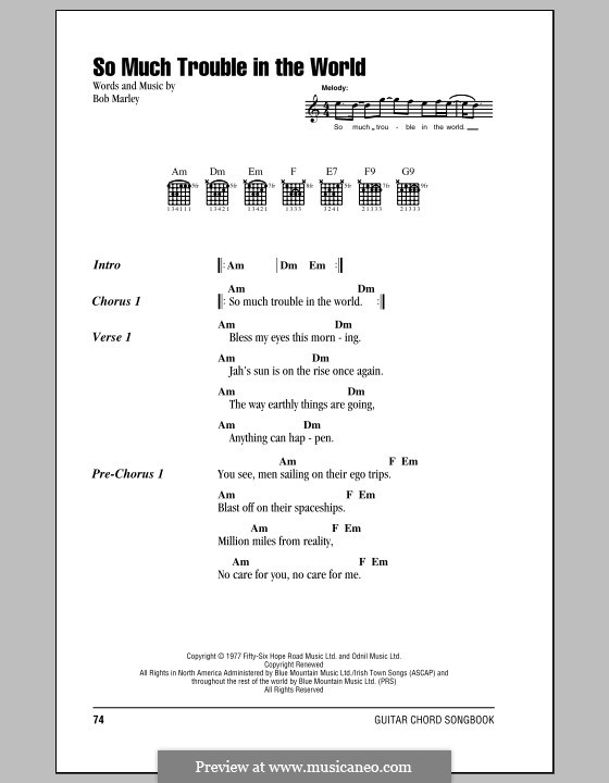 So Much Trouble in the World: Lyrics and chords (with chord boxes) by Bob Marley