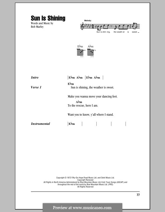 Sun Is Shining: Lyrics and chords (with chord boxes) by Bob Marley