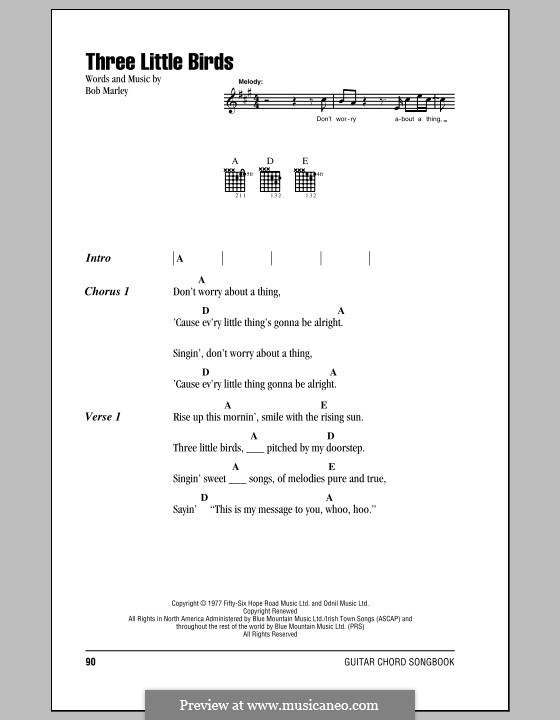 Three Little Birds: Lyrics and chords (with chord boxes) by Bob Marley