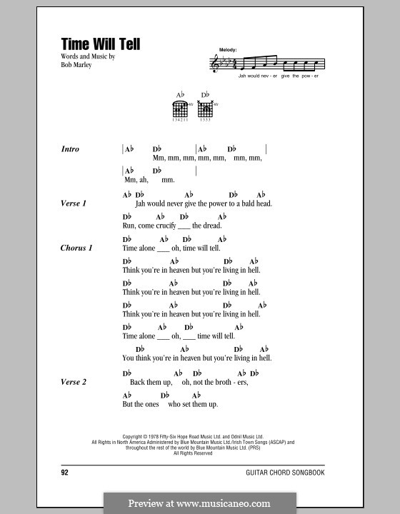 Time Will Tell: Lyrics and chords (with chord boxes) by Bob Marley