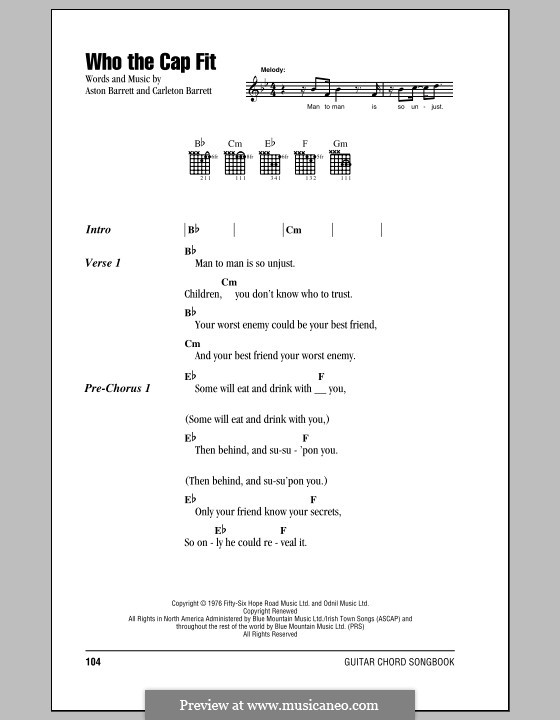 Who the Cap Fit (Bob Marley): Lyrics and chords (with chord boxes) by Aston Barrett, Carlton Barrett