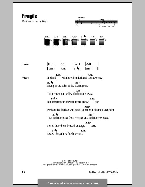 Fragile: Lyrics and chords (with chord boxes) by Sting