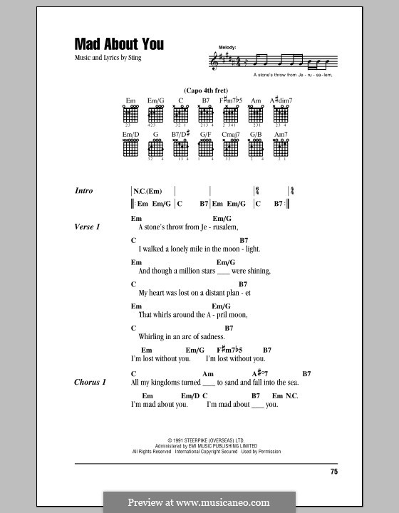 Mad About You: Lyrics and chords (with chord boxes) by Sting