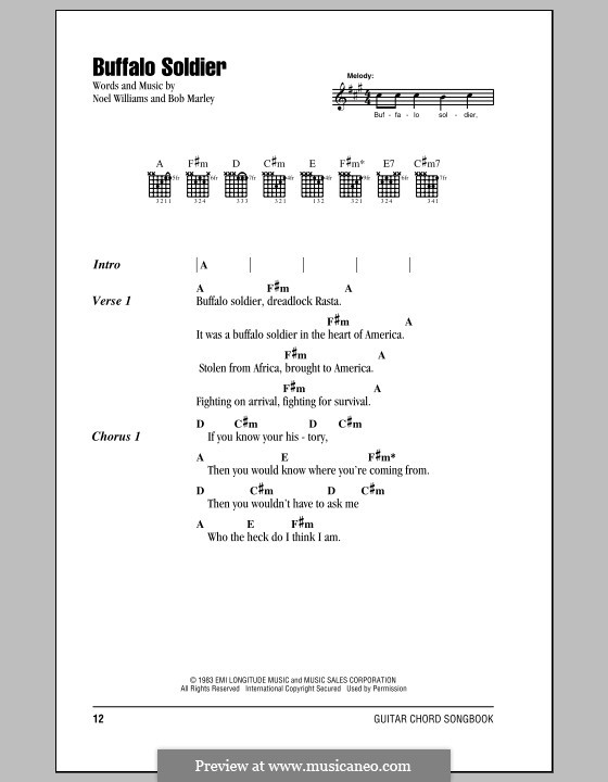 Buffalo Soldier (Bob Marley): Lyrics and chords (with chord boxes) by Noel Williams