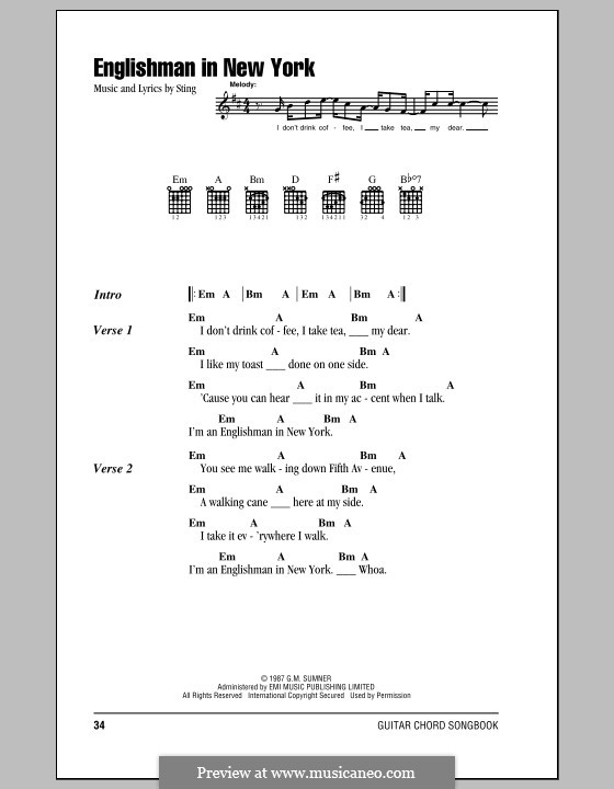 An Englishman In New York: Lyrics and chords (with chord boxes) by Sting