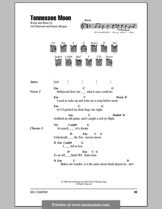 Tennessee Moon: Lyrics and chords (with chord boxes) by Dennis Morgan