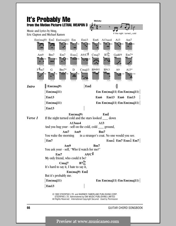 It's Probably Me (Sting): Lyrics and chords (with chord boxes) by Eric Clapton, Michael Kamen