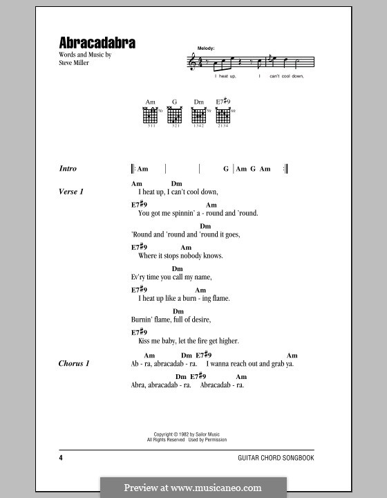 Abracadabra (Steve Miller Band): Lyrics and chords (with chord boxes) by Steve Miller