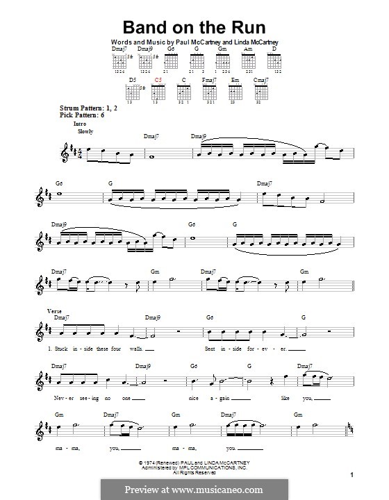Band on the Run (Wings): For guitar (very easy version) by Linda McCartney, Paul McCartney