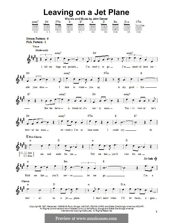 Leaving On A Jet Plane By J Denver Sheet Music On Musicaneo