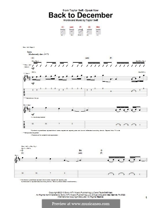 Back to December: For guitar with tab by Taylor Swift