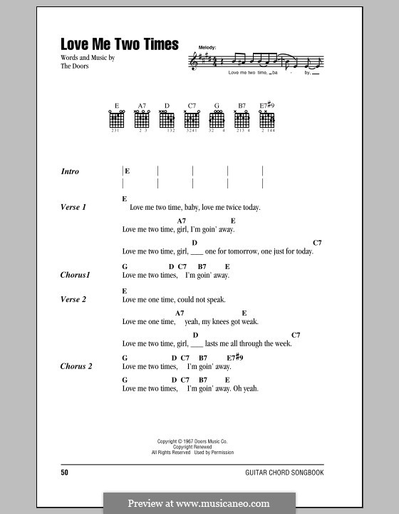 Love Me Two Times: Lyrics and chords (with chord boxes) by The Doors