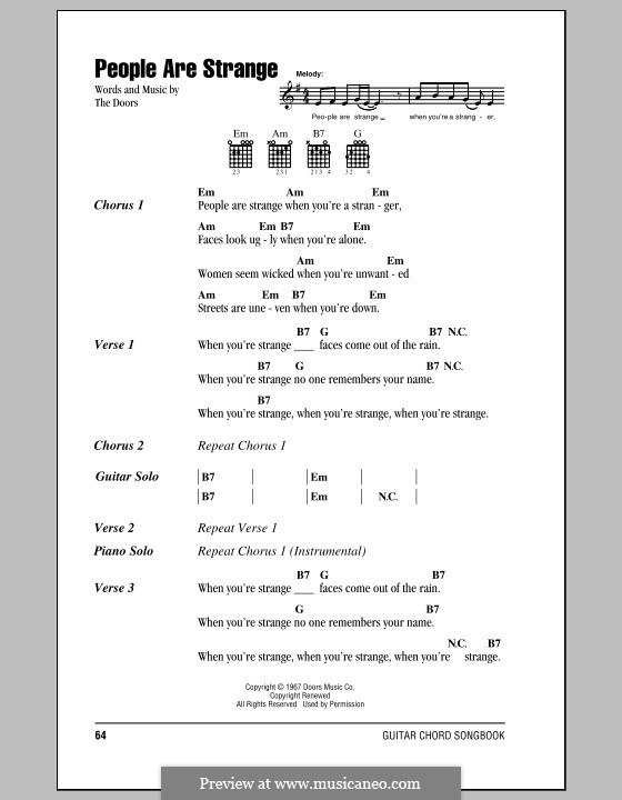 People Are Strange: Lyrics and chords (with chord boxes) by The Doors
