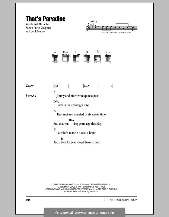 That's Paradise: Lyrics and chords (with chord boxes) by Geoff Moore