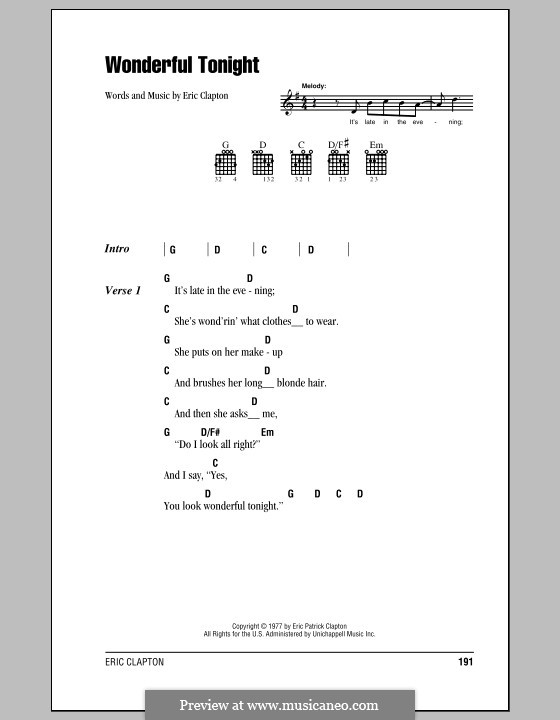 Wonderful Tonight (Piano-vocal score): Lyrics and chords (with chord boxes) by Eric Clapton