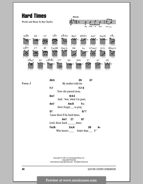 Hard Times: Lyrics and chords (with chord boxes) by Ray Charles