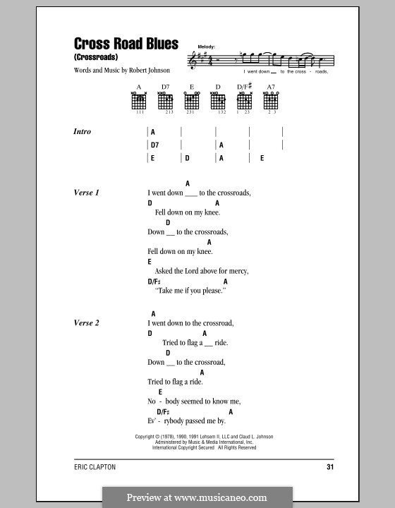 Cross Road Blues (Crossroads): Lyrics and chords by Robert Leroy Johnson