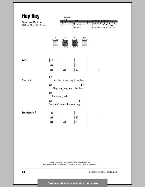 Hey Hey: Lyrics and chords (with chord boxes) by Big Bill Broonzy