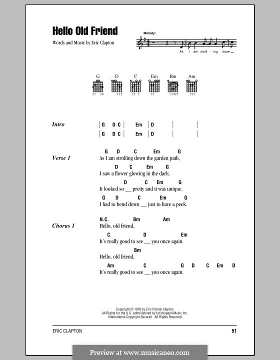 Hello Old Friend: Lyrics and chords (with chord boxes) by Eric Clapton