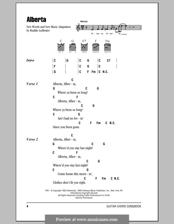 Alberta (Eric Clapton): Lyrics and chords with chord boxes by Huddie Ledbetter