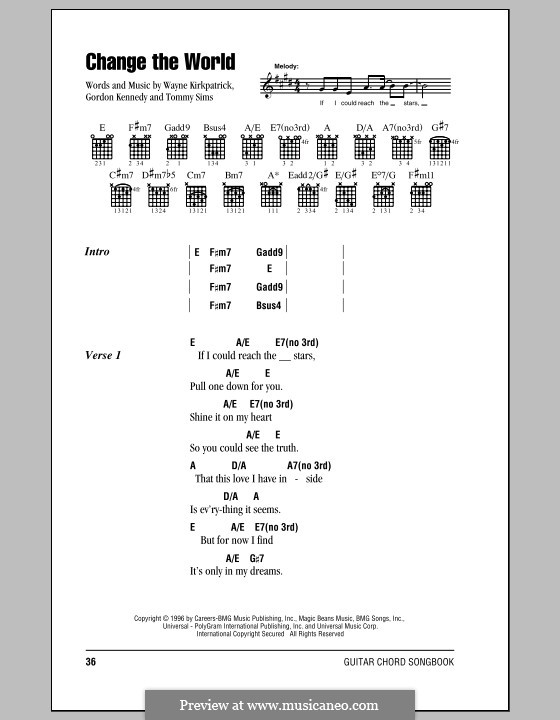 Change the World (Eric Clapton and Wynonna): Lyrics and chords (with chord boxes) by Gordon Kennedy, Tommy Sims, Wayne Kirkpatrick