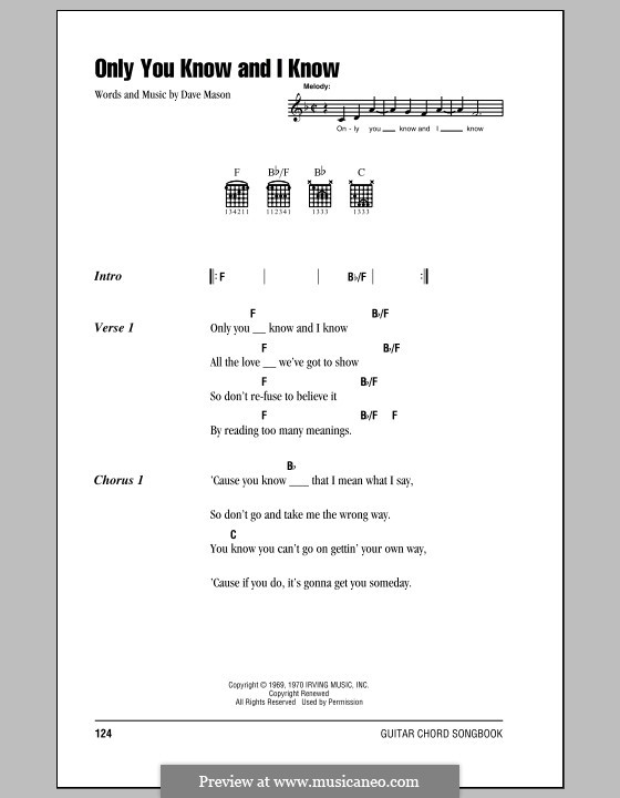 Only You Know and I Know (Eric Clapton): Lyrics and chords (with chord boxes) by Dave Mason