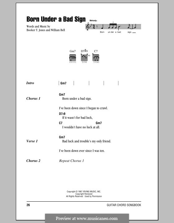 Born Under a Bad Sign: Lyrics and chords (with chord boxes) by Booker T. Jones, William Bell