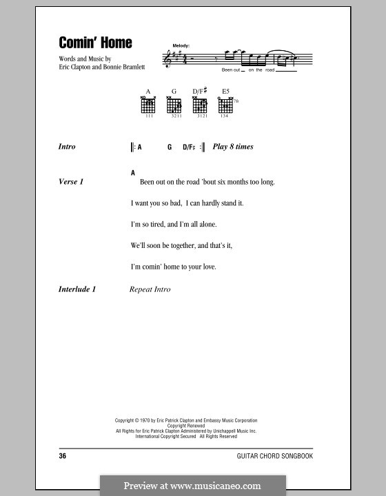 Comin' Home: Lyrics and chords (with chord boxes) by Bonnie Bramlett