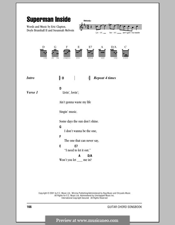 Superman Inside: Lyrics and chords (with chord boxes) by Doyle Brahmall II, Eric Clapton, Susannah Melvoin