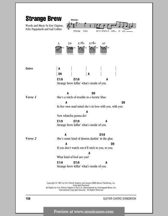 Strange Brew (Cream): Lyrics and chords (with chord boxes) by Eric Clapton, Felix Pappalardi, Gail Collins