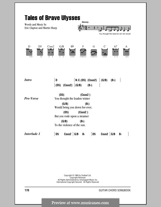 Tales of Brave Ulysses (Cream): Lyrics and chords (with chord boxes) by Eric Clapton, Martin Sharp