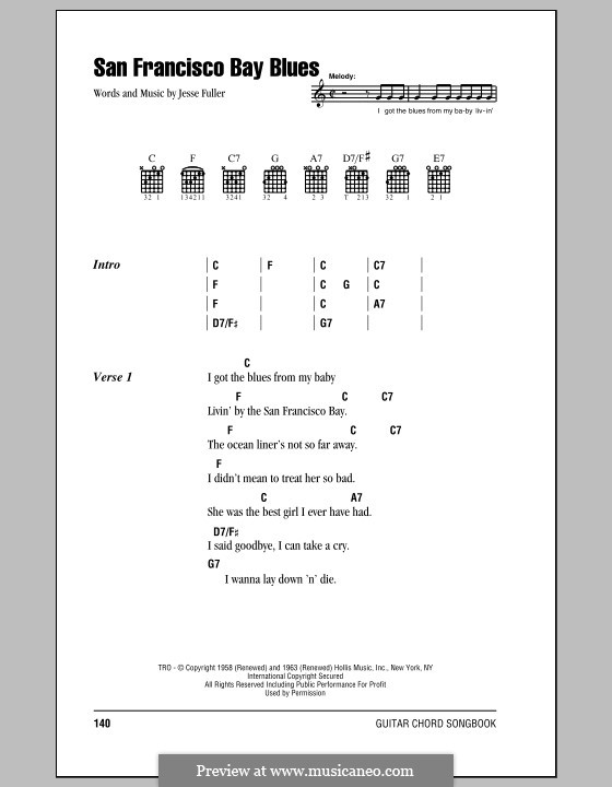 San Francisco Bay Blues: Lyrics and chords (with chord boxes) by Jesse Fuller