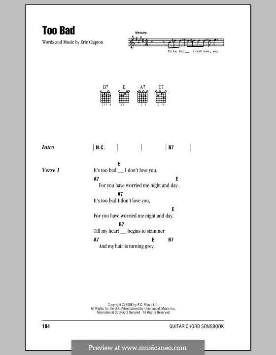 Too Bad: Lyrics and chords (with chord boxes) by Eric Clapton