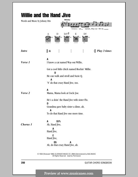Willie and the Hand Jive: Lyrics and chords (with chord boxes) by Johnny Otis
