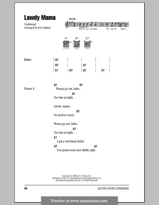 Lawdy Mama (Cream): Lyrics and chords (with chord boxes) by folklore