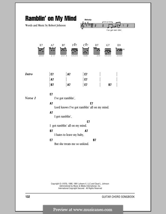 Ramblin' on My Mind (Eric Clapton): Lyrics and chords (with chord boxes) by Robert Leroy Johnson