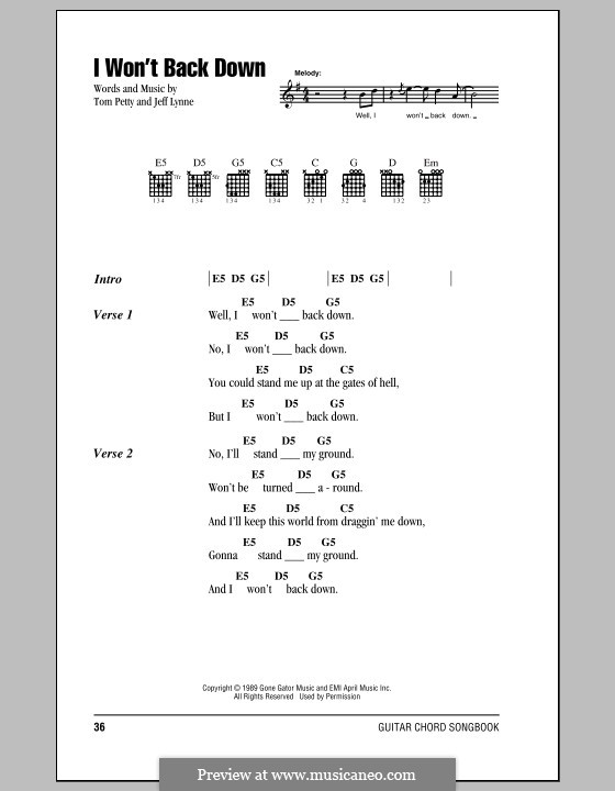I Won't Back Down: Lyrics and chords (with chord boxes) by Jeff Lynne