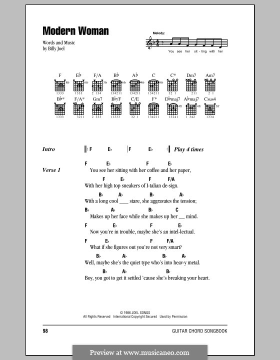 Modern Woman: Lyrics and chords (with chord boxes) by Billy Joel